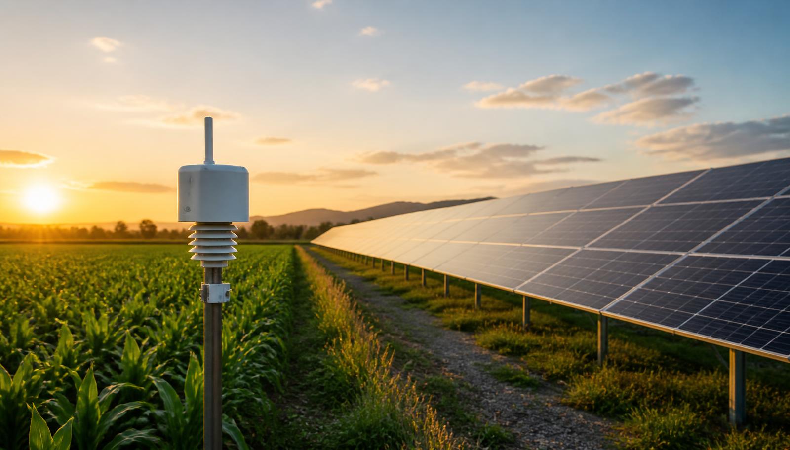 Sensor pluviométrico entre lavoura e painéis solares ao entardecer
